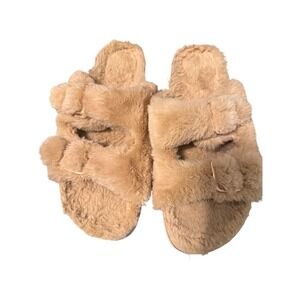 FITORY Women's Tan Fuzzy Slide Sandals Slip On Comfort Size 8.5 Faux Fur